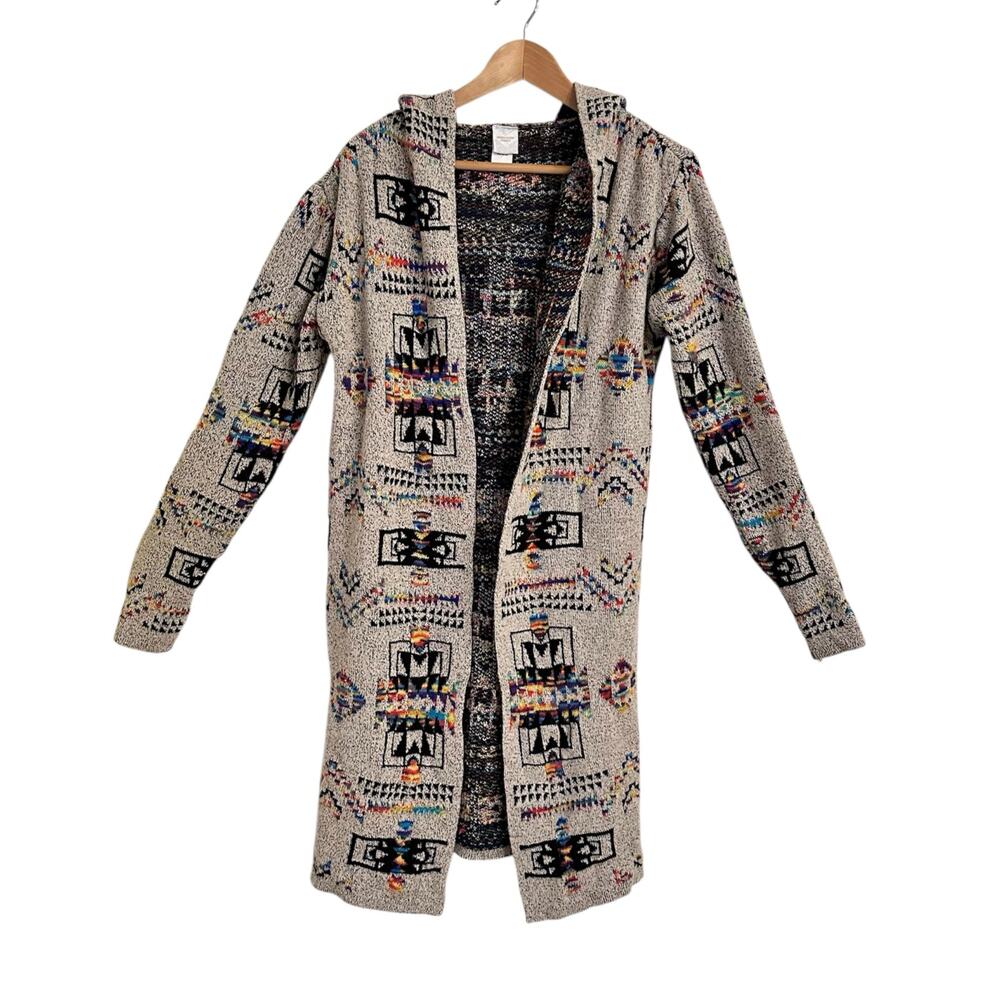 Northern Angels Hooded Longline Cardigan Sweater Jacket Size Large Aztec Rainbow